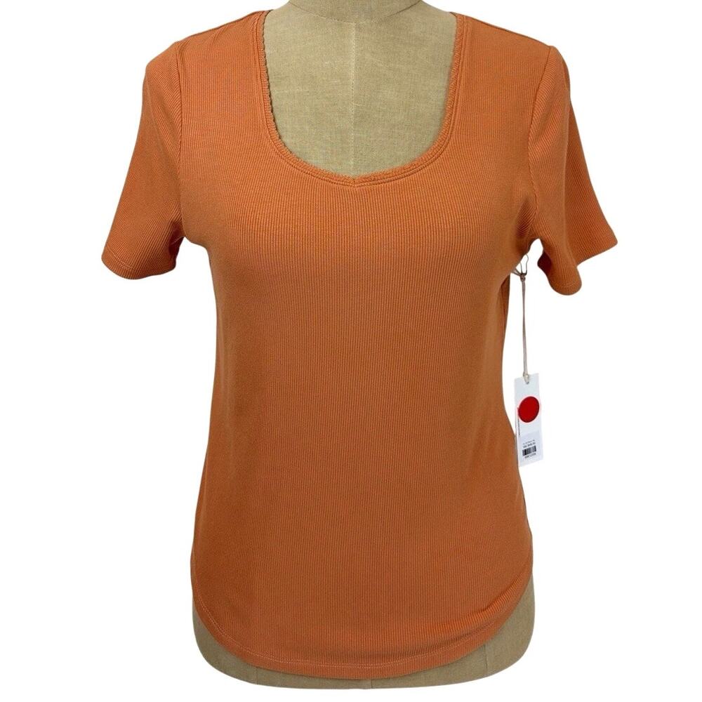 NWT Another Love Orange Ribbed Knit Sweetheart Neckline Short Sleeve Top XS